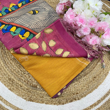 Semi Tussar Saree - Yellow with Purplish Pink Combo -  VVSTS003