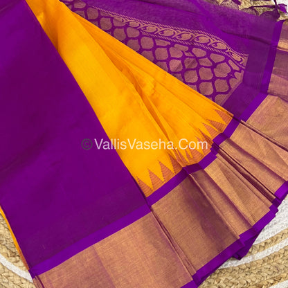 Pure Korvai Silk Cotton Saree - Yellow With Purple Shade Temple border - VVKSC001