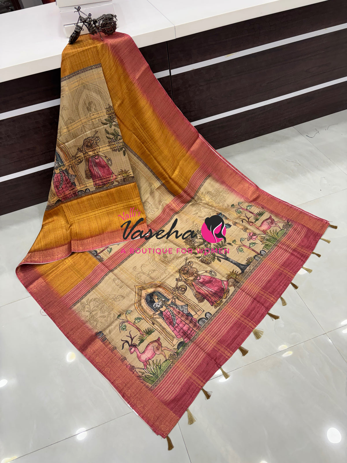 Semi Art Silk Saree - Mustard Yellow & Peach Shade - VVSAT001