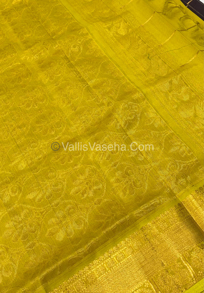 Pure Silk Cotton Saree - Mayil & Chakkaram Design - Brownish Wine With Lemon Yellowish Green Shade - VVMC001