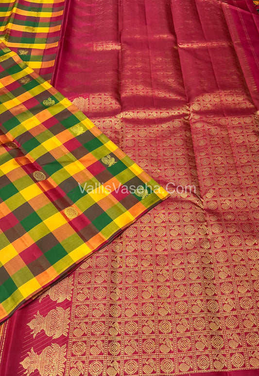 Pure Kanchipuram Silk Saree - Pazhum Pazhamum Checks - VVPS017