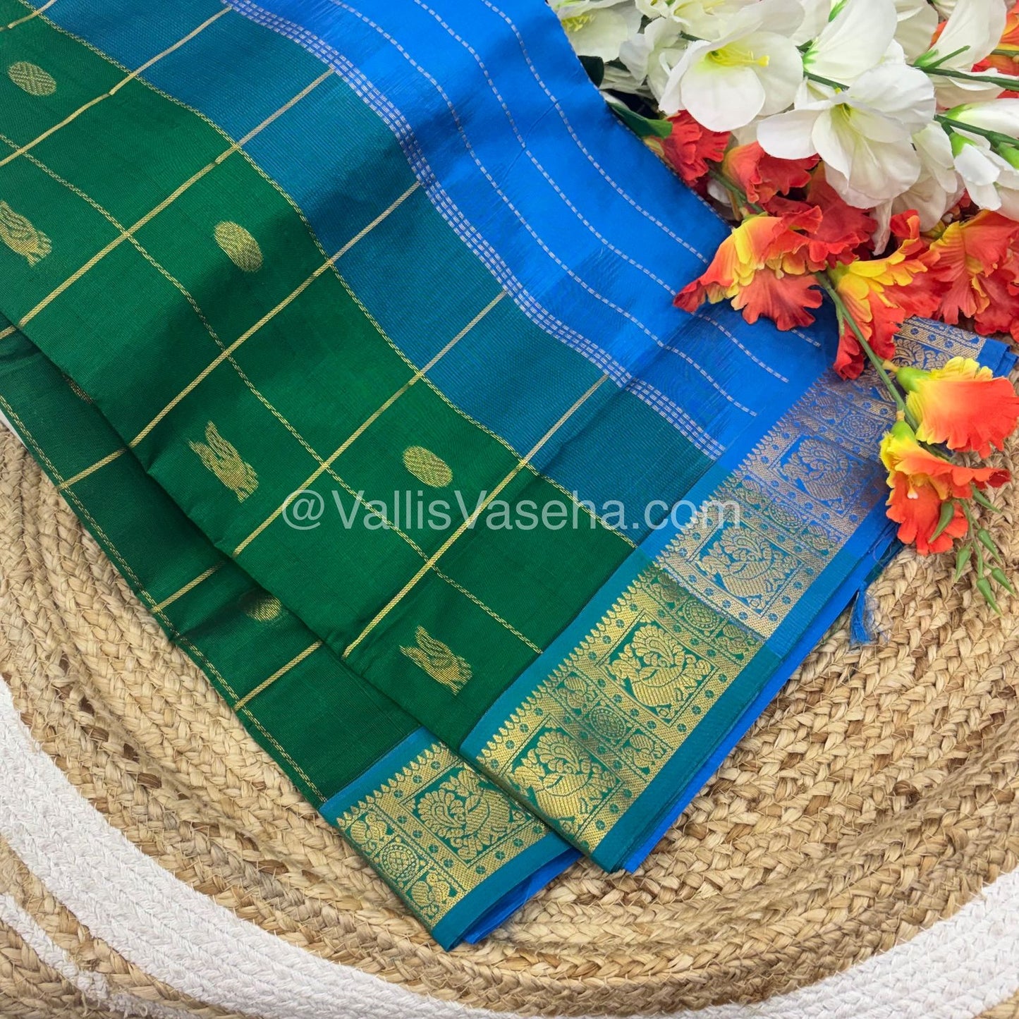 Semi Silk Cotton Saree - Green with Blue shade - VVSSC002