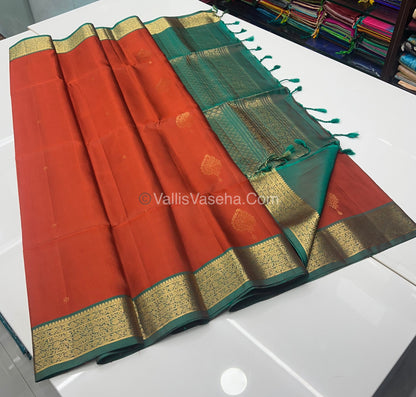 Pure Soft Silk Saree - Kanchi Border - Velum & Mayilum - Rust Orange & Green Combo - VVPSS046