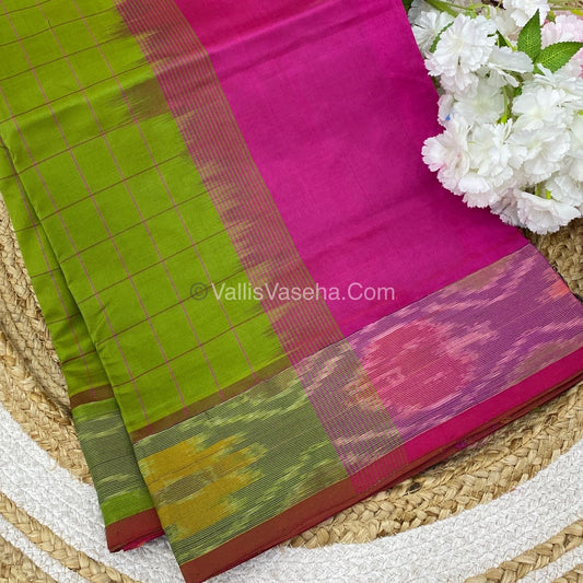 Semi Silk Cotton Saree - Green & Pink - VVSSC001