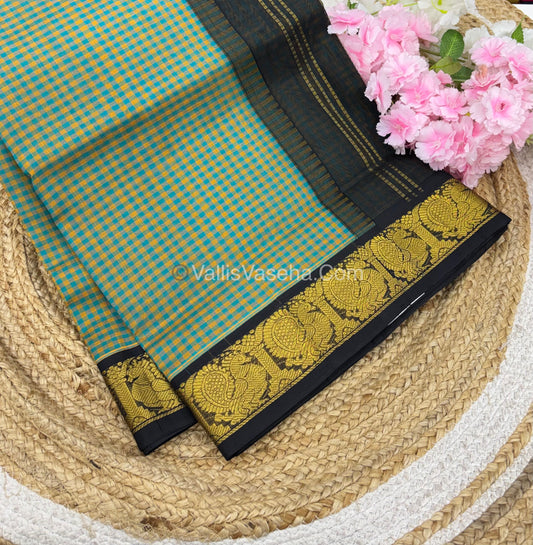 Pure Korvai Silk Cotton - Podi Kattam - Yellow & Blue With Black - VVKSC003