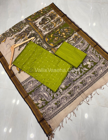 Unstitched Salwar Material -Raw Silk - Green Shade   Nizam Border Duppatta - VVUSM010