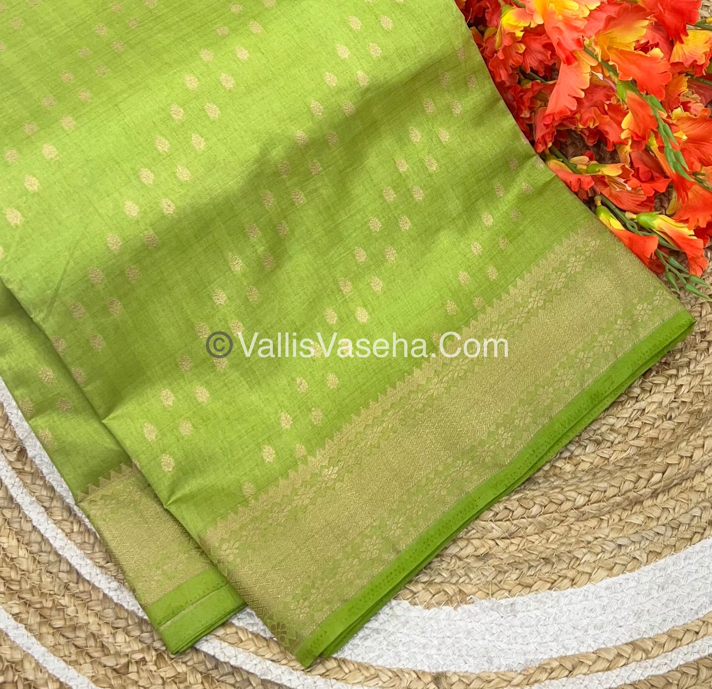 Semi Tussar Silk - Grand Pallu  - Pista Green Shade - VVSTS017