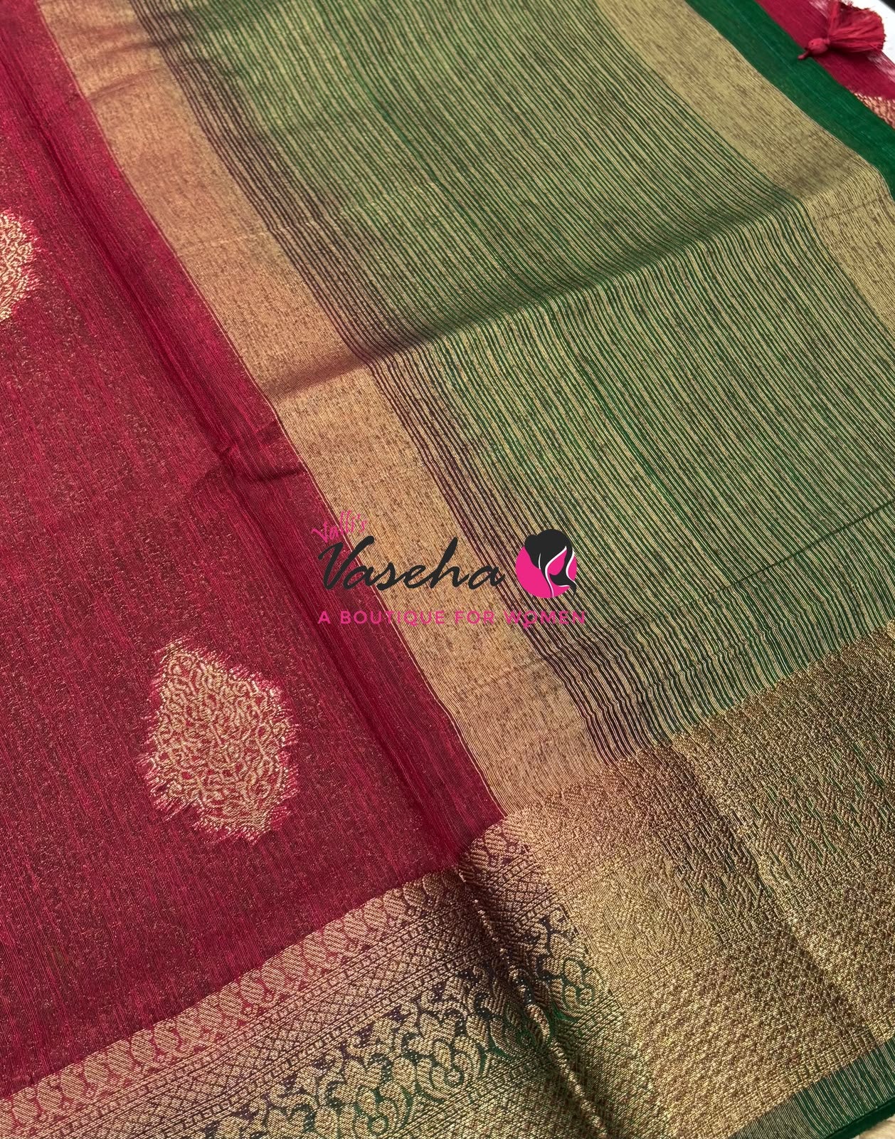 Bamboo Silk Saree - Red With Green - VVBSS018