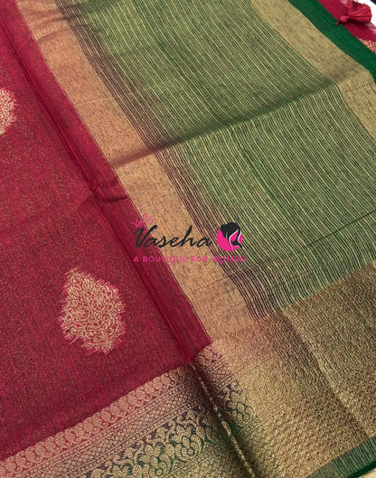 Bamboo Silk Saree - Red With Green - VVBSS018