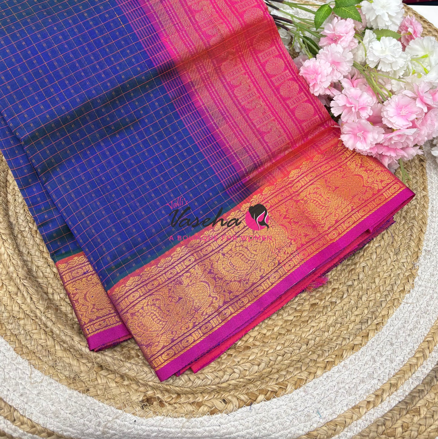 Pure Silk Cotton Saree - Blue With Pink - Lakshadeepam Design - VVPLD001