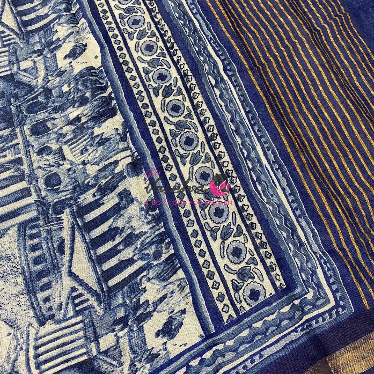 Semi Maheshwari Mixed Cotton Saree - Linen Feel - Indigo Blue - VVMSC008