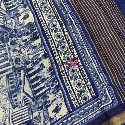 Semi Maheshwari Mixed Cotton Saree - Linen Feel - Indigo Blue - VVMSC008