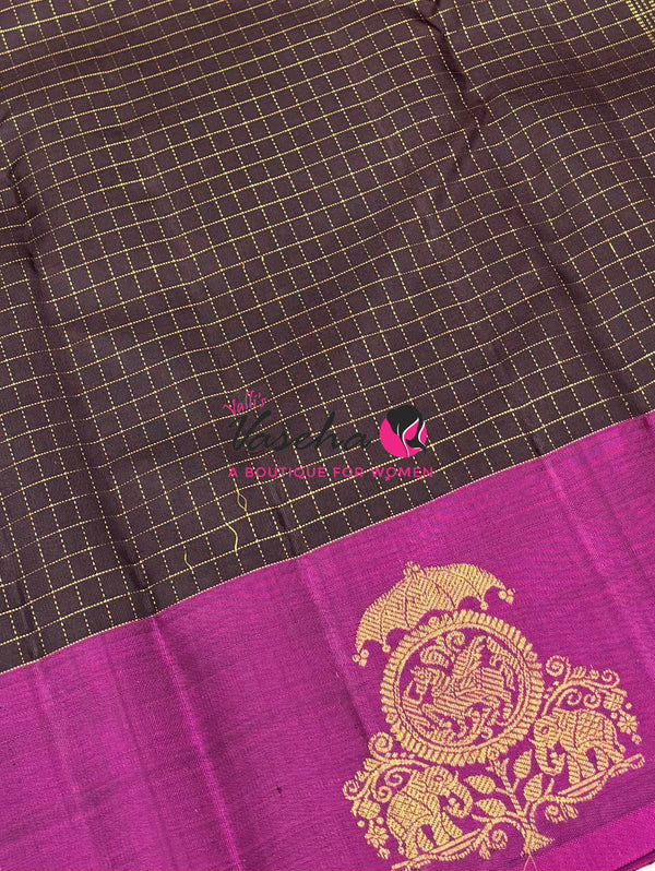 Pure Kanchipuram Silk Saree - Coffee Brown & Pink Combo - VVPS075