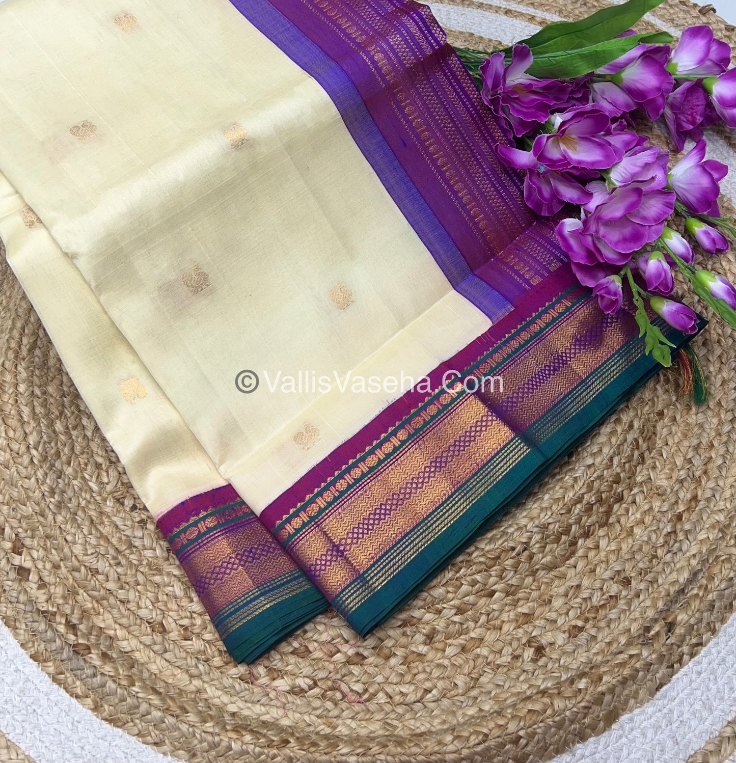 Pure Korvai Silk Cotton Saree - Cream with Ramar Green & Purplish Pink - VVKSC004
