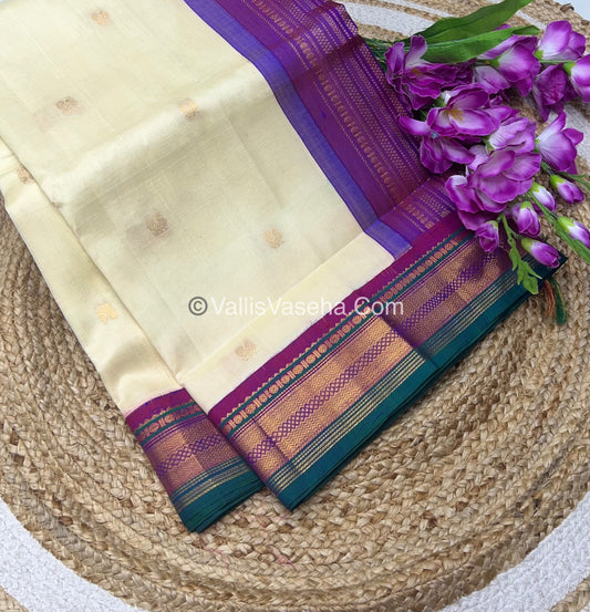 Pure Korvai Silk Cotton Saree - Cream with Ramar Green & Purplish Pink - VVKSC004