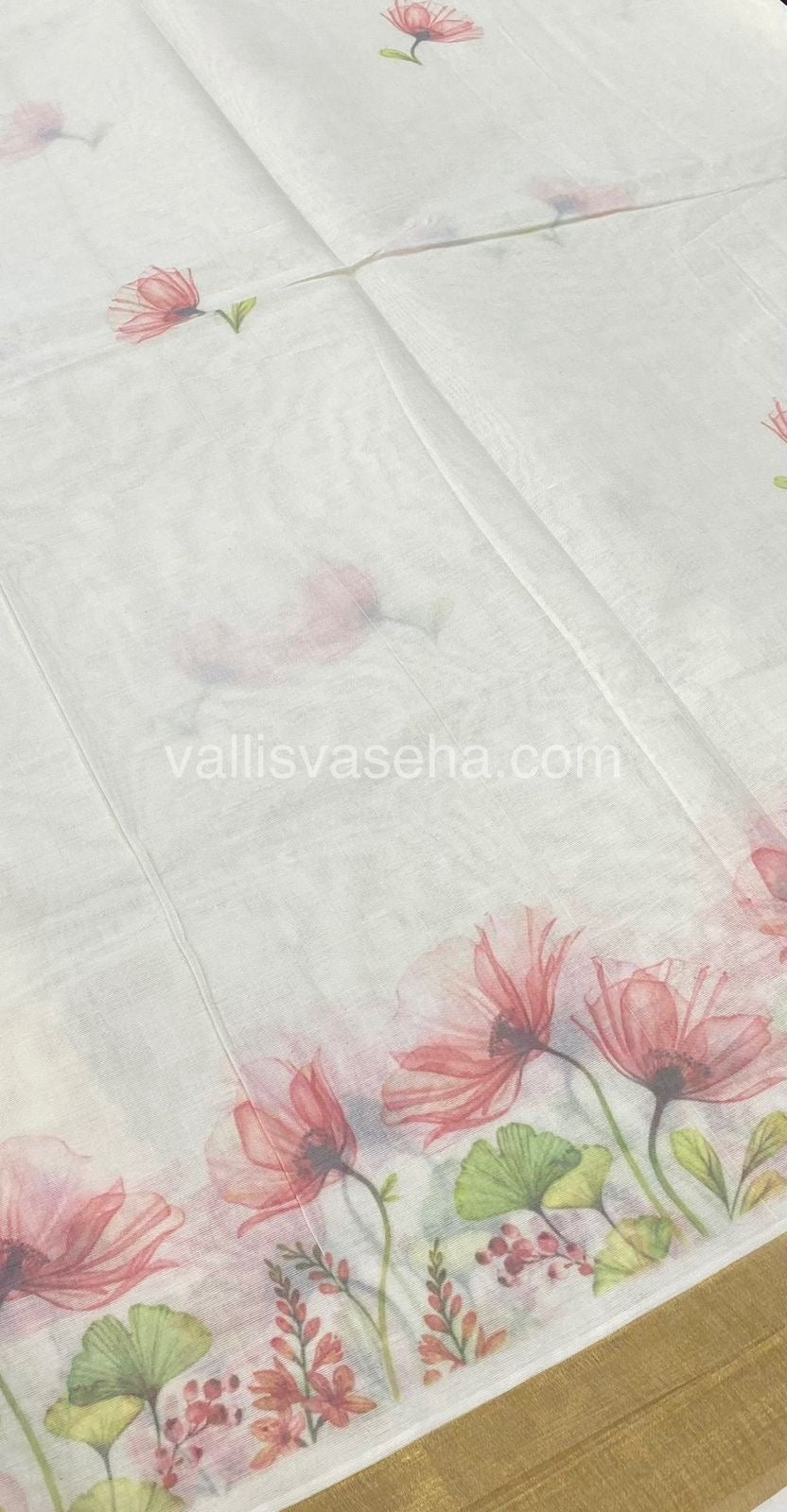 Kerala Cotton Saree - Cream With Golden Border - VVKCS001