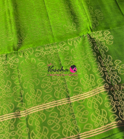 Pure Soft Silk Saree  - Kolam Weaving  - Mustard Yellow & Green Combo - VVPSS160