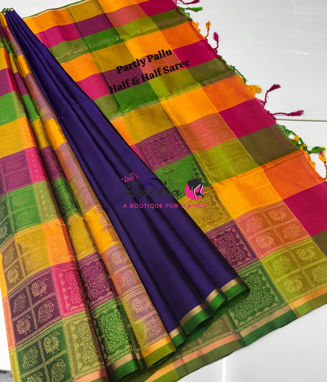 Pure Soft Silk Saree - Partly Pallu -  Half & Half Saree - Violetish Blue - VVPSS088