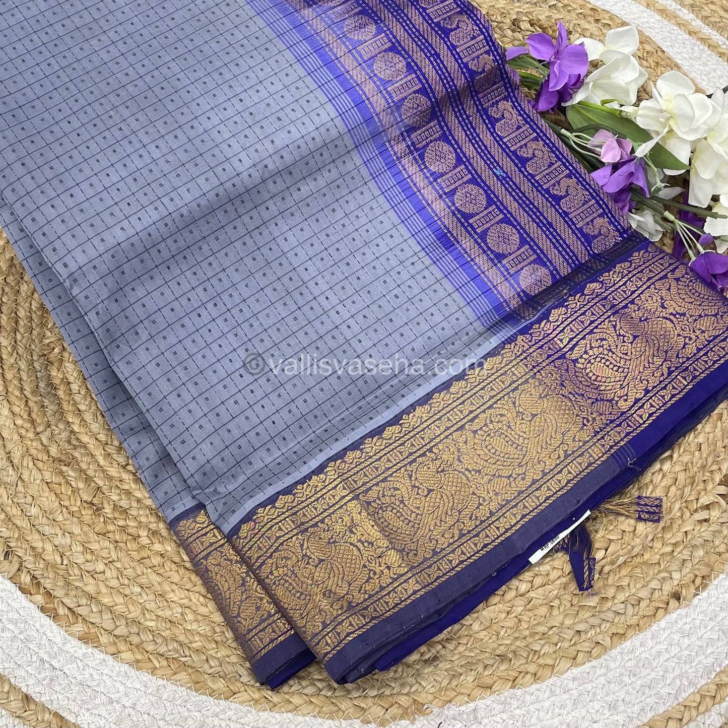Pure Silk Cotton Saree - Grey With Blue Shade - Lakshadeepam Design - VVPLD001