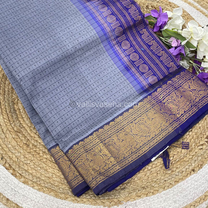 Pure Silk Cotton Saree - Grey With Blue Shade - Lakshadeepam Design - VVPLD001