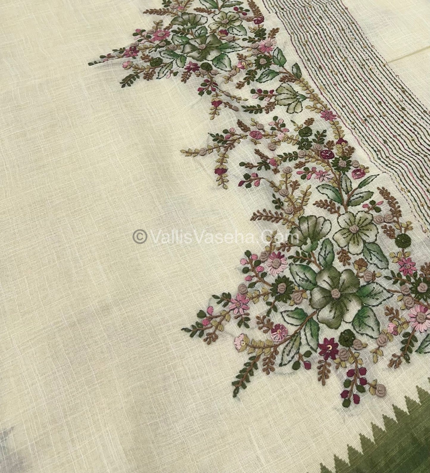 French Knot - Tissue Saree - Cream With Green Shade - VVLFN001