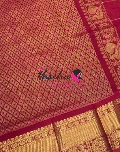 Pure Silk Cotton Saree - Mayil & Chakkaram Design - Brown With Red VVMC001