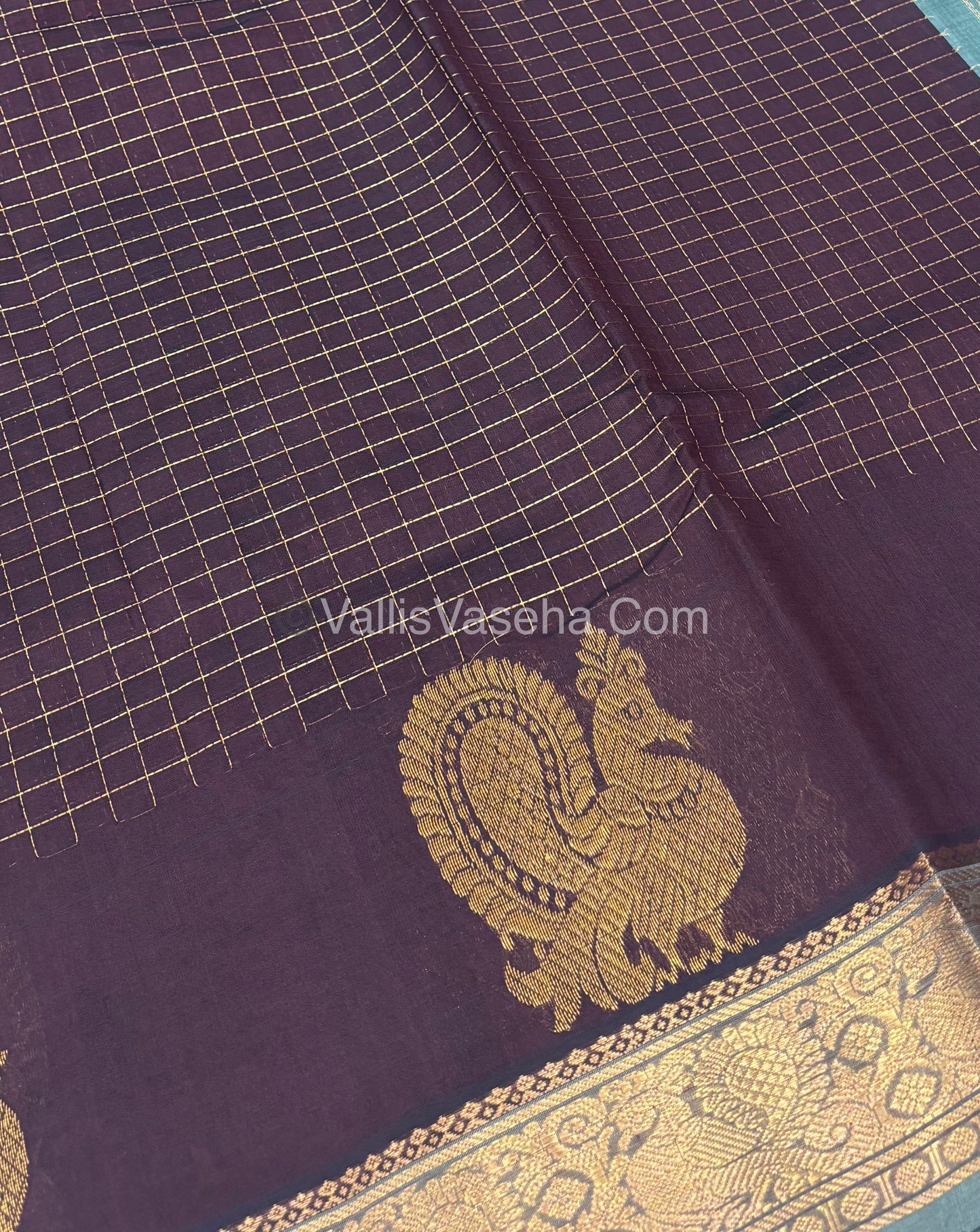 Pure Korvai Silk Cotton - Checks Pattern - Brown  With Grey Shade  - VVKSC034