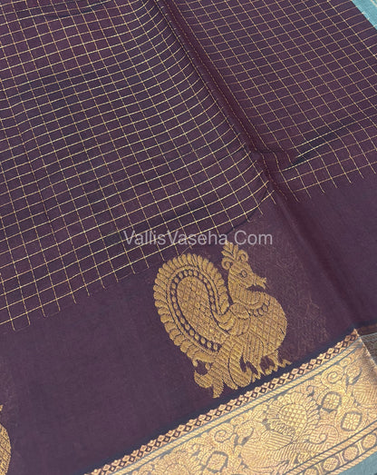 Pure Korvai Silk Cotton - Checks Pattern - Brown  With Grey Shade  - VVKSC034