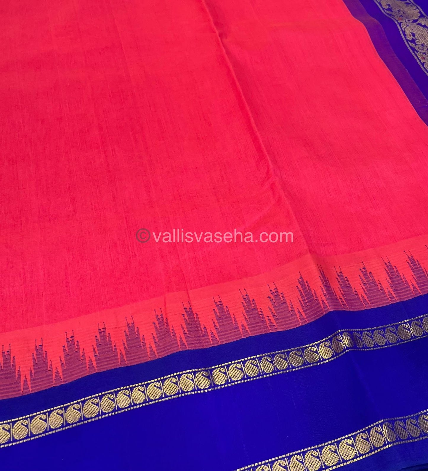 Pure Korvai Silk Cotton Saree - Peachish Pink with Blue - Retta Petta border - VVKSC004