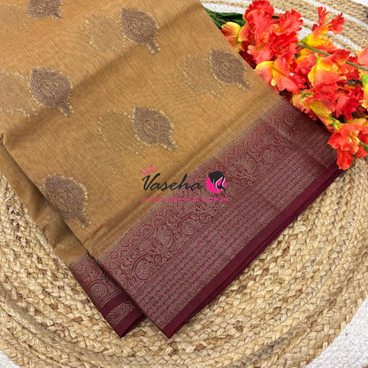 Bamboo Silk Saree - Cream With Maroon  - VVBSS019