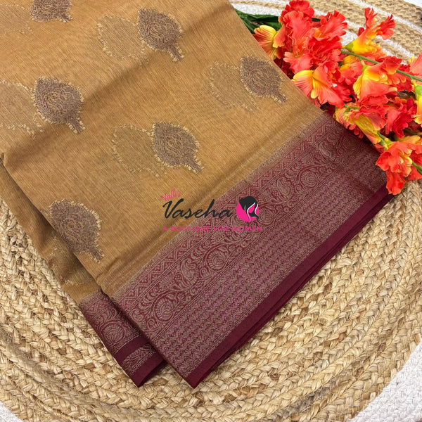 Bamboo Silk Saree - Cream With Maroon  - VVBSS019