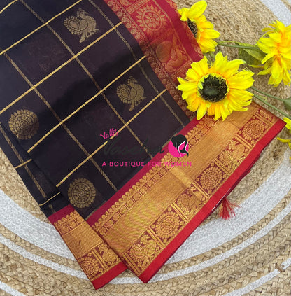 Pure Silk Cotton Saree - Mayil & Chakkaram Design - Brown With Red VVMC001
