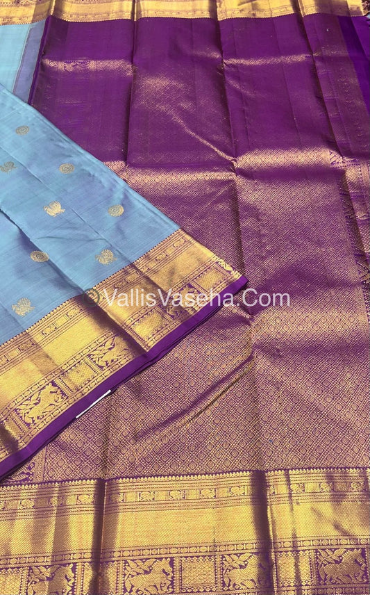 Pure Kanchipuram Silk Saree - Sea Blue with Purple  Combo - VVPS021