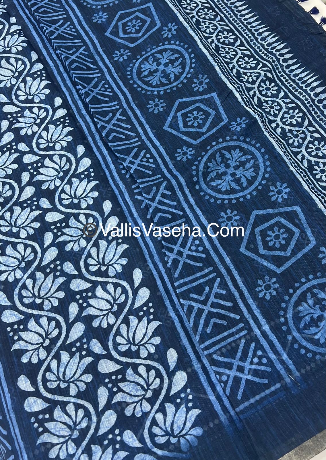 Linen Mixed Cotton Saree - Indigo Blue - Printed - VVLMP001