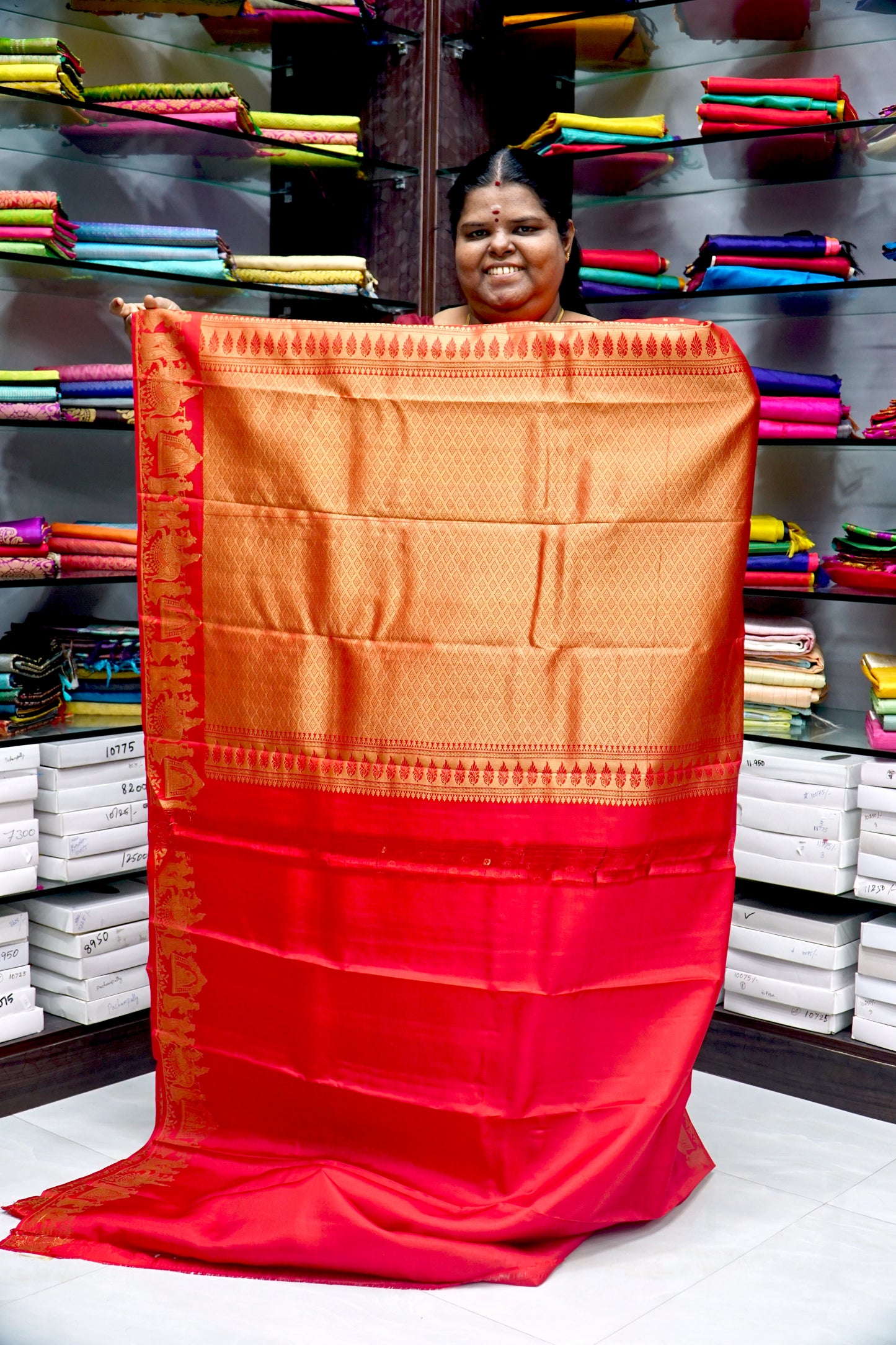 Pure Kanchipuram Silk Saree - Lakdhadeepam Butta with Self embossed Checks & Pallaku Design Self Border- Red shade  - VVPS006