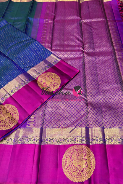 Pure Kanchipuram Silk Saree - Vairavoosi Design  - Peacock Blue & Purplish Pink - VVPS059