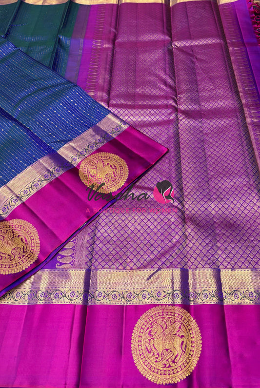 Pure Kanchipuram Silk Saree - Vairavoosi Design  - Peacock Blue & Purplish Pink - VVPS059