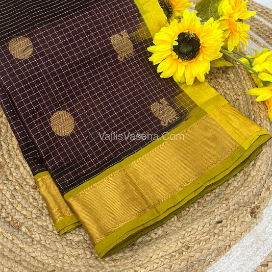 Pure Silk Cotton Saree - Mayil & Chakkaram Design - Brown With Lemon yellow Combo - VVMC002