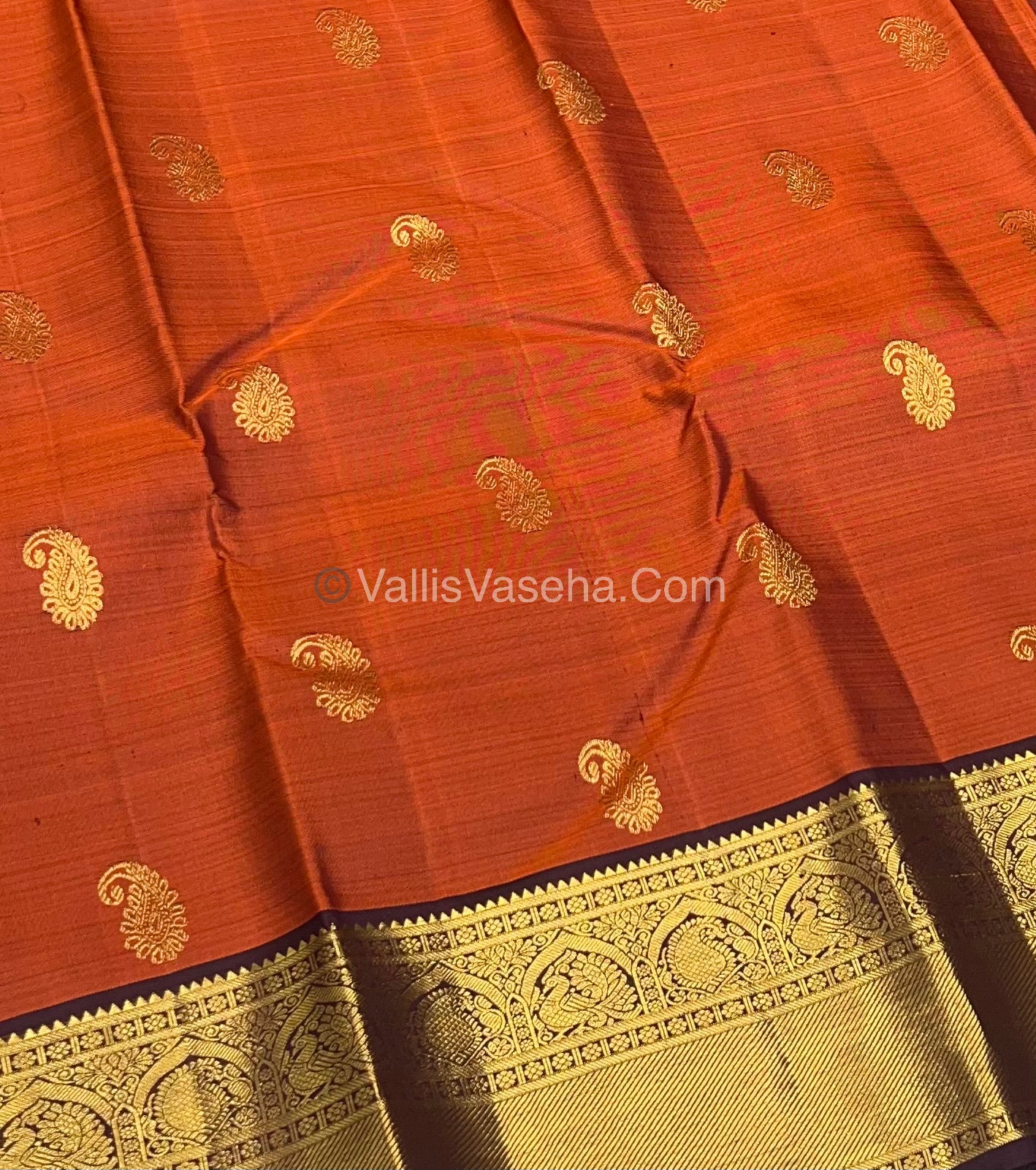 Pure Kanchipuram Silk Saree - Rust Orange With Wine Brown Shade  - VVPS022
