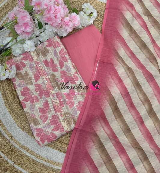 Unstitched Linen Mixed Cotton Material  | Cream and Pink | VVUSM040