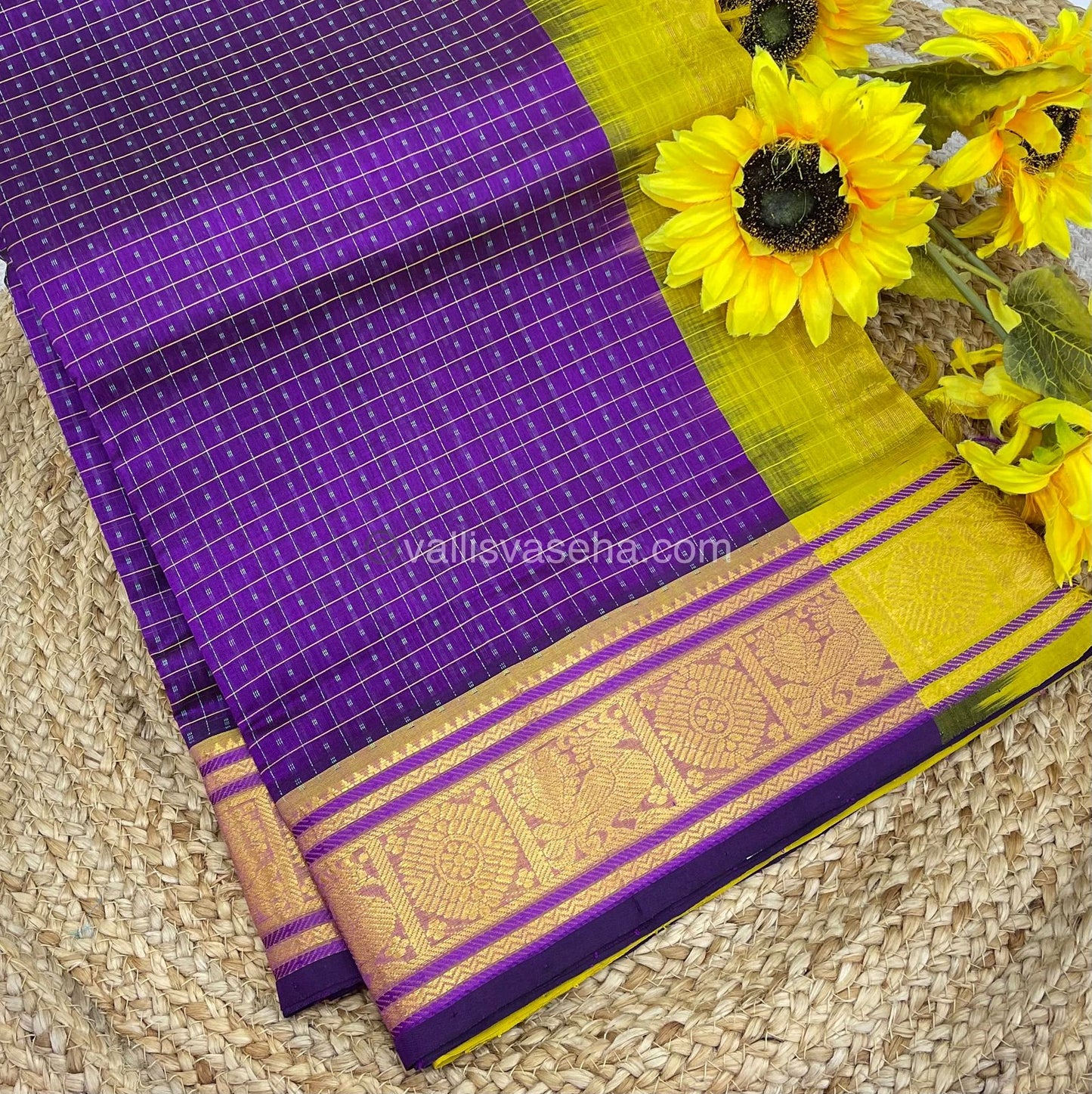 Pure Silk Cotton Saree - Purple With Yellow  - Lakshadeepam Design - VVPLD001