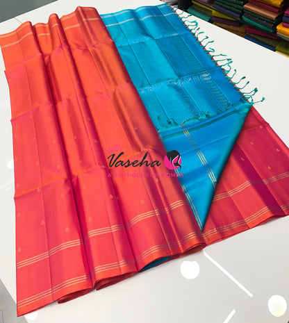 Pure Soft Silk Saree  - Peach & Blue Combo - VVPSS141