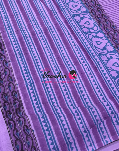 Pure Soft Mul Mul Cotton Sarees - Hand Block Prints - Light Lavendar - VVMMC009