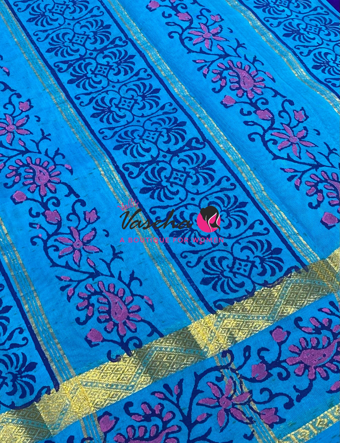 Pure Printed Silk Cotton Sarees - Blue with Blue    - VVPSC004