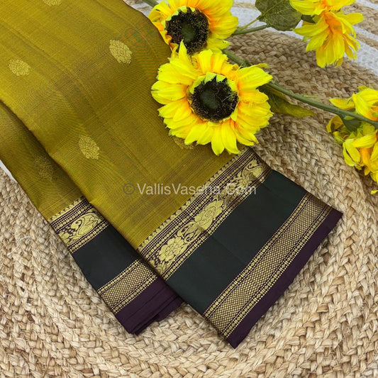 Pure Kanchipuram Silk Saree -  Mustard Yellow & Brown Shade  - VVPS022