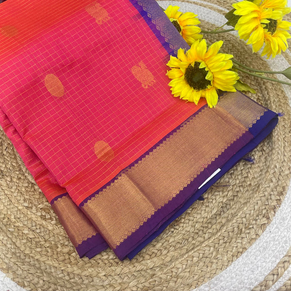 Pure Silk Cotton Saree - Mayil & Chakkaram Design - Pink With Blue Shade -VVMC002