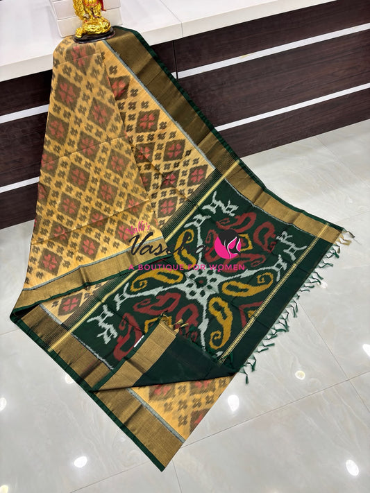Pochampally Silk Cotton Saree - Sandal & Green Shade - VVPPS001