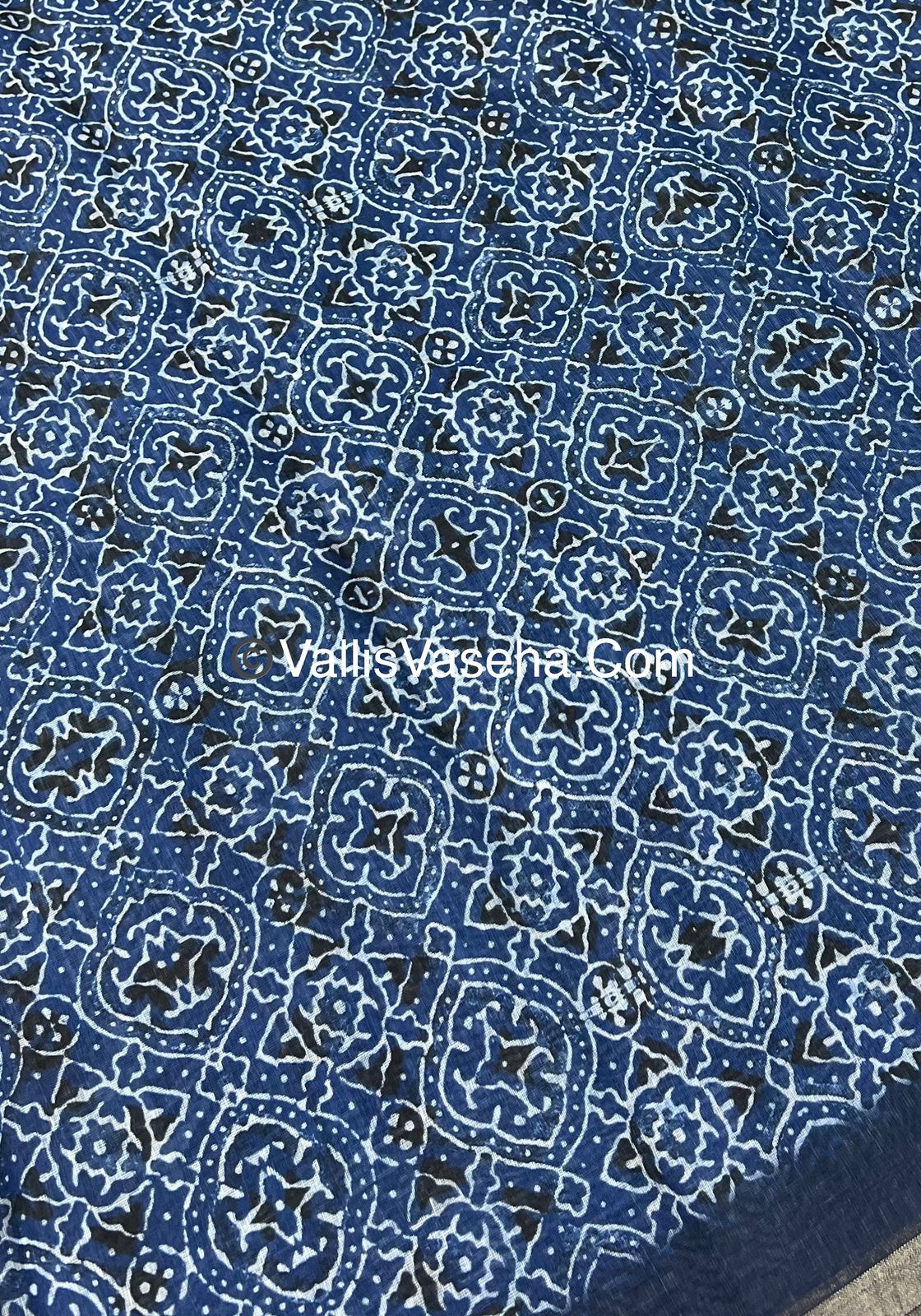 Linen Mixed Cotton Saree - Indigo Blue - Printed - VVLMP001
