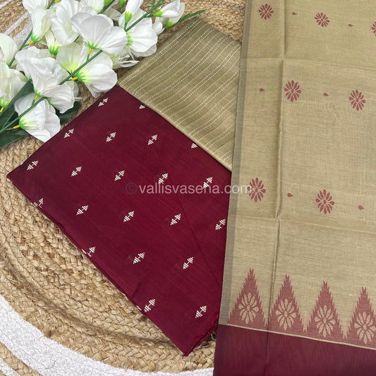 Unstitched Salwar Material -Raw Silk - Maroon with Cream Shade - VVUSM004