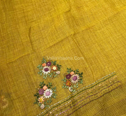 French Knot - Linen Tissue Saree - Mustard Green Shade - Heavy Work Blouse - VVLFN012